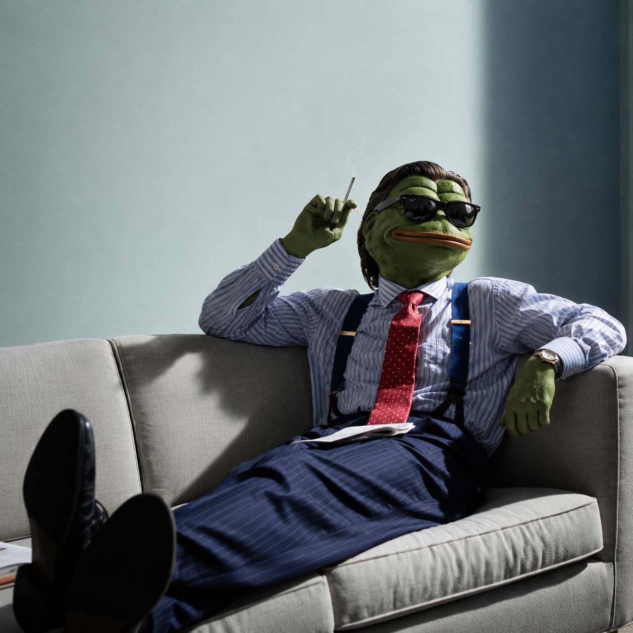 Pepe in shades and a red tie relaxing on a sofa